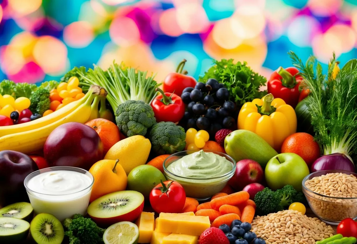 A diverse array of colorful and nutrient-rich foods, such as fruits, vegetables, yogurt, and whole grains, surrounded by a backdrop of vibrant gut-friendly bacteria