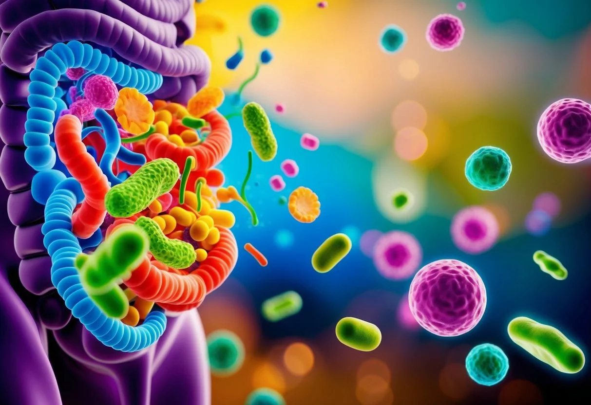 A colorful, vibrant illustration of a healthy gut microbiome being restored after antibiotics. The scene depicts a diverse community of beneficial bacteria flourishing in the gut