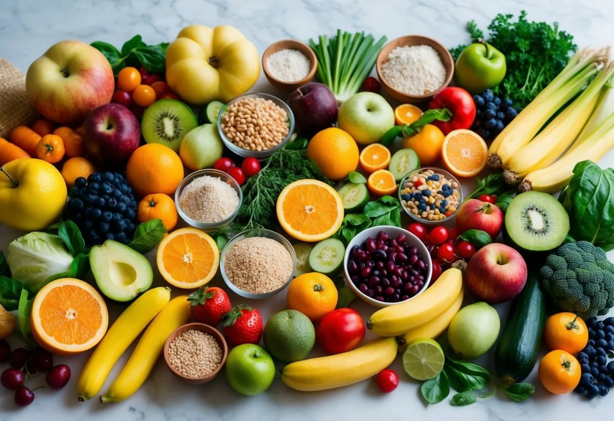 A colorful array of fresh fruits, vegetables, whole grains, and probiotic-rich foods, arranged in a balanced and nourishing composition