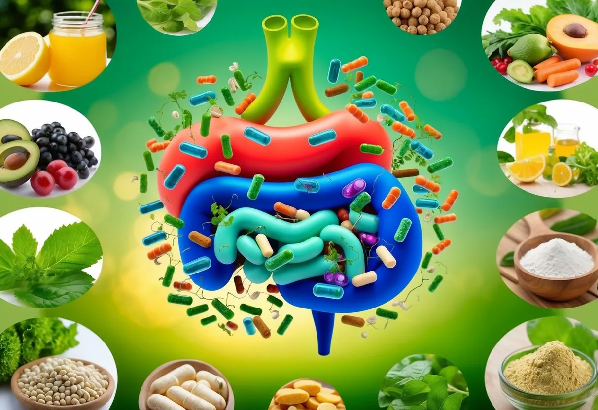 A vibrant illustration of a healthy gut teeming with diverse probiotics, surrounded by images of natural foods and supplements that promote gut health