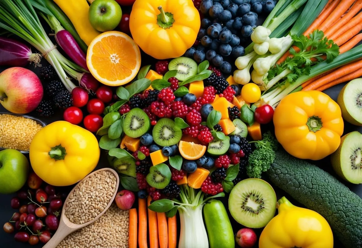 A colorful array of fruits, vegetables, and whole grains arranged around a vibrant, flourishing gut microbiome