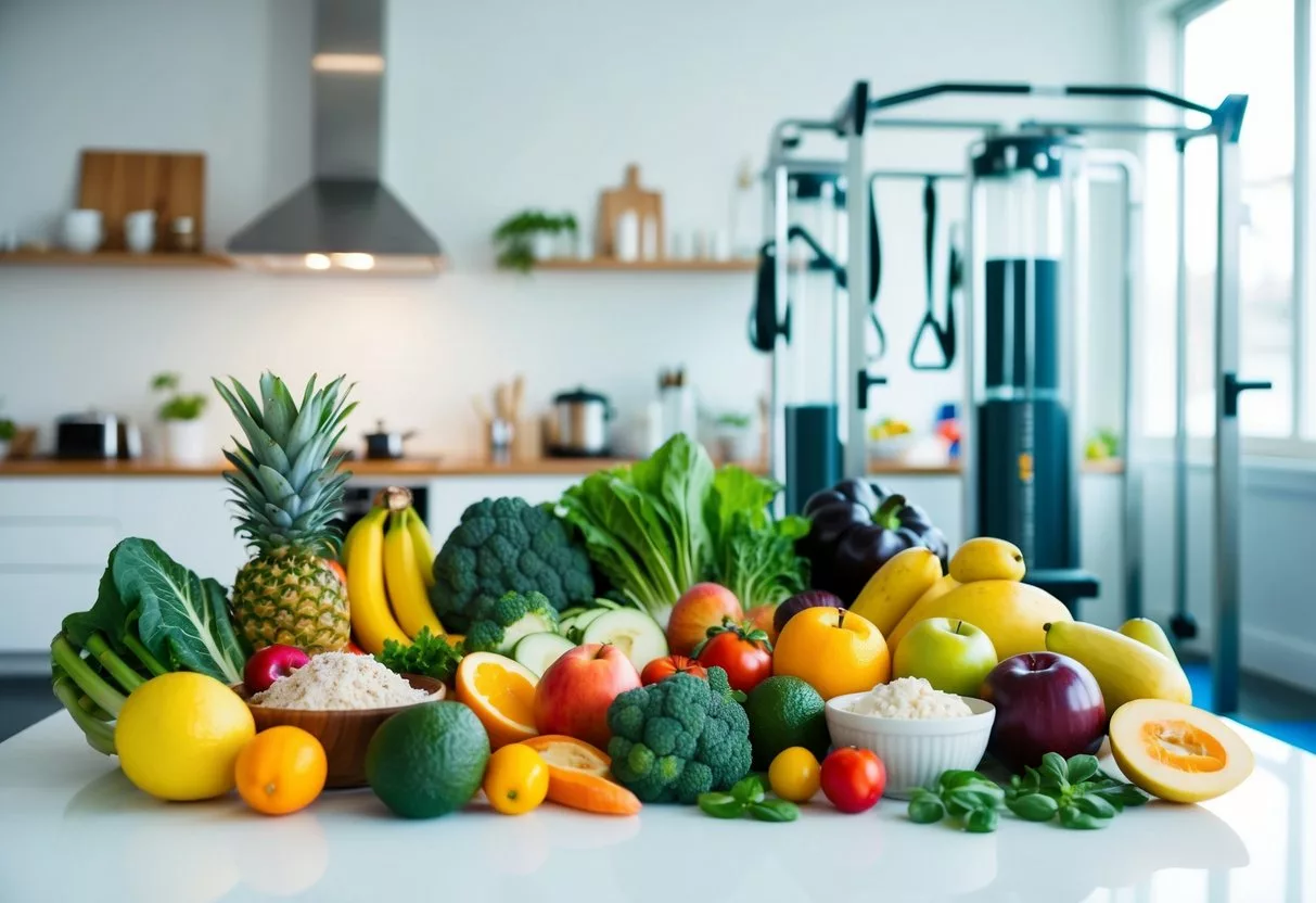 A colorful array of fresh fruits, vegetables, probiotic-rich foods, and exercise equipment in a bright, airy kitchen and gym setting