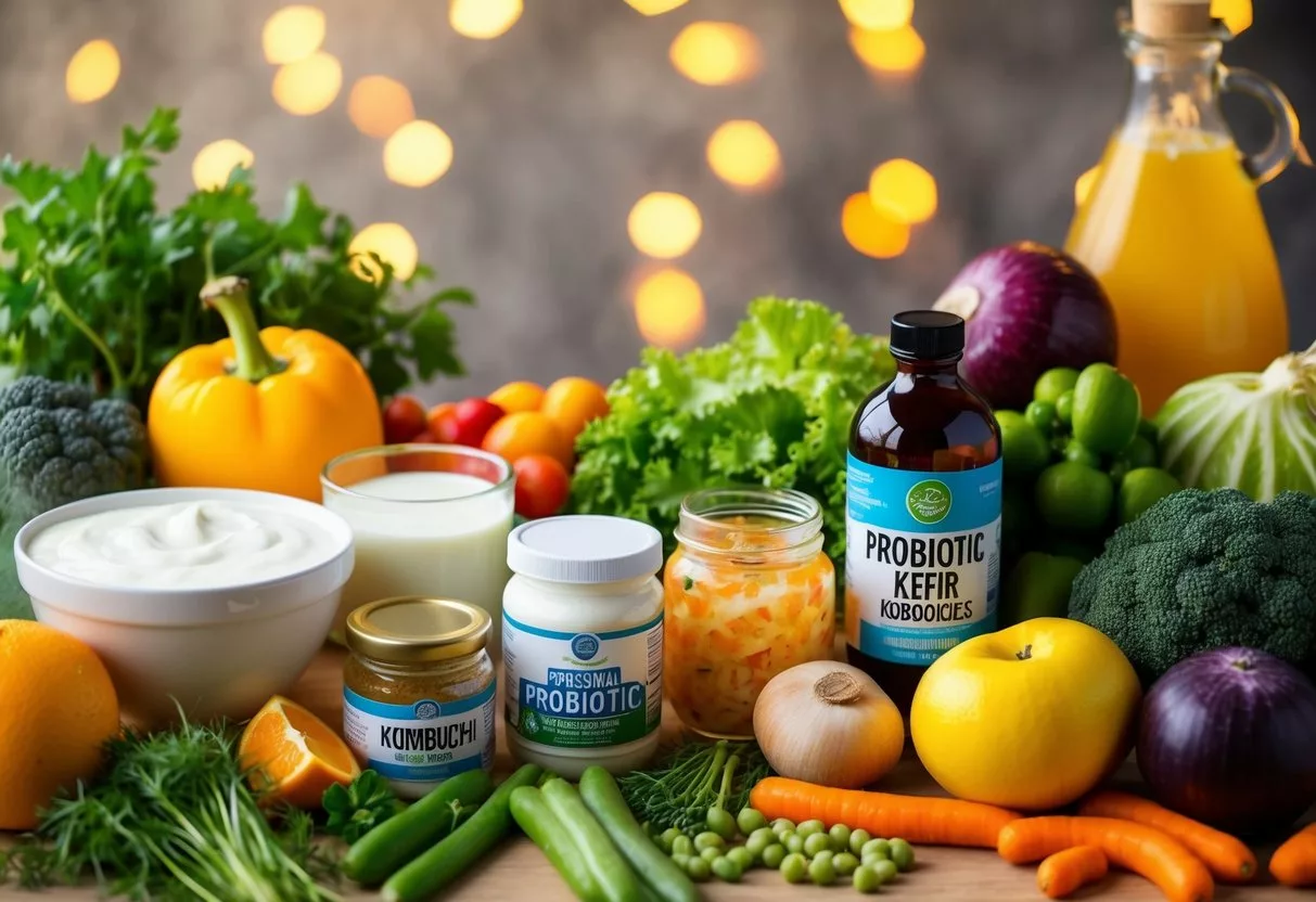 A diverse array of probiotic-rich foods and supplements, such as yogurt, kefir, sauerkraut, and kombucha, alongside a variety of colorful fruits and vegetables, are displayed on a table to promote gut health after antibiotics