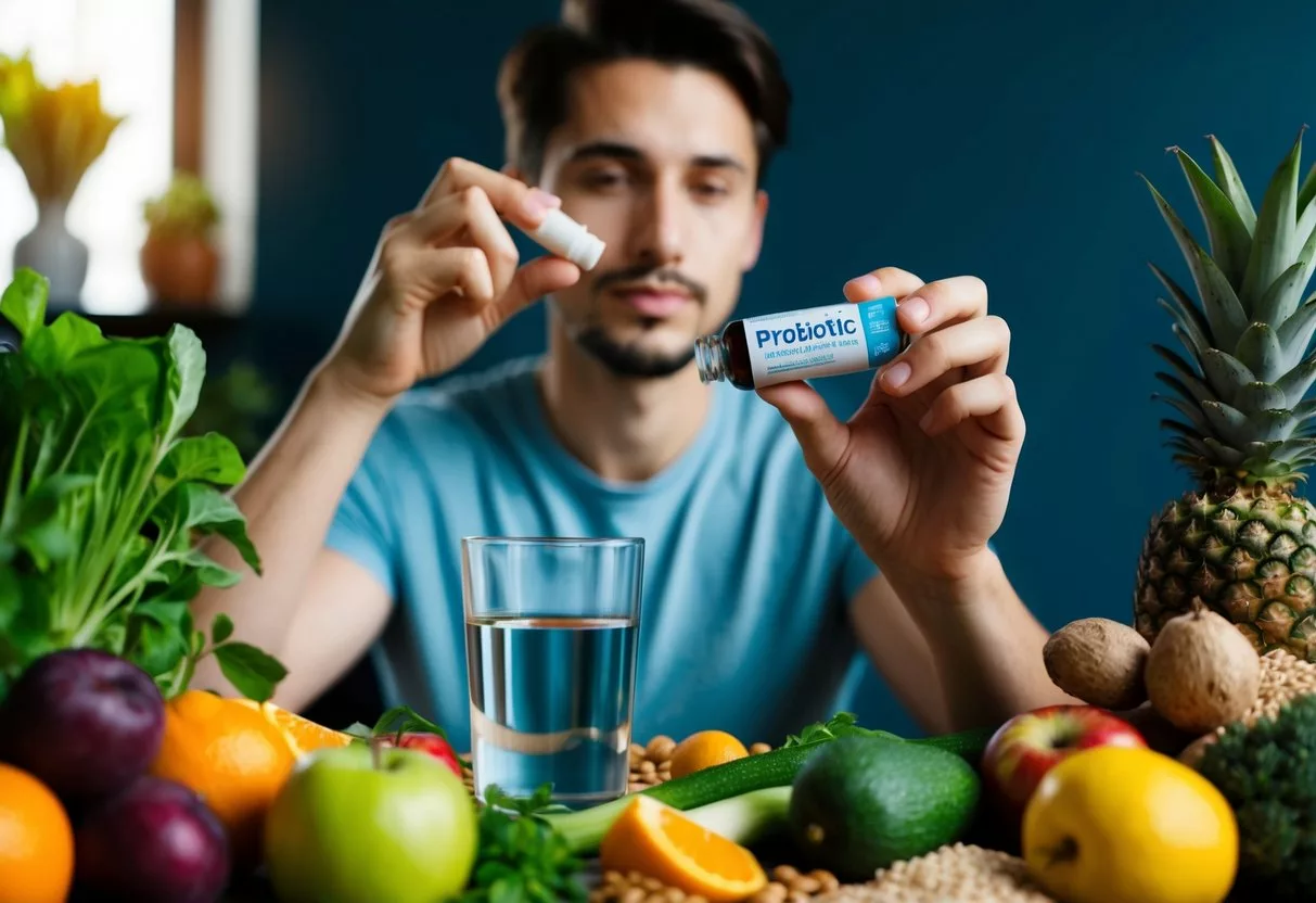 A person taking a probiotic supplement with a glass of water, surrounded by various fruits, vegetables, and whole grains