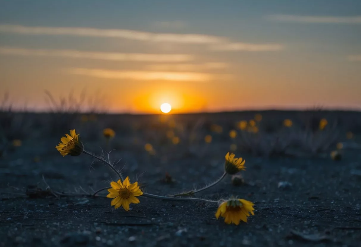 A barren landscape with wilted flowers and a sun setting low in the sky, casting a dim and desolate atmosphere