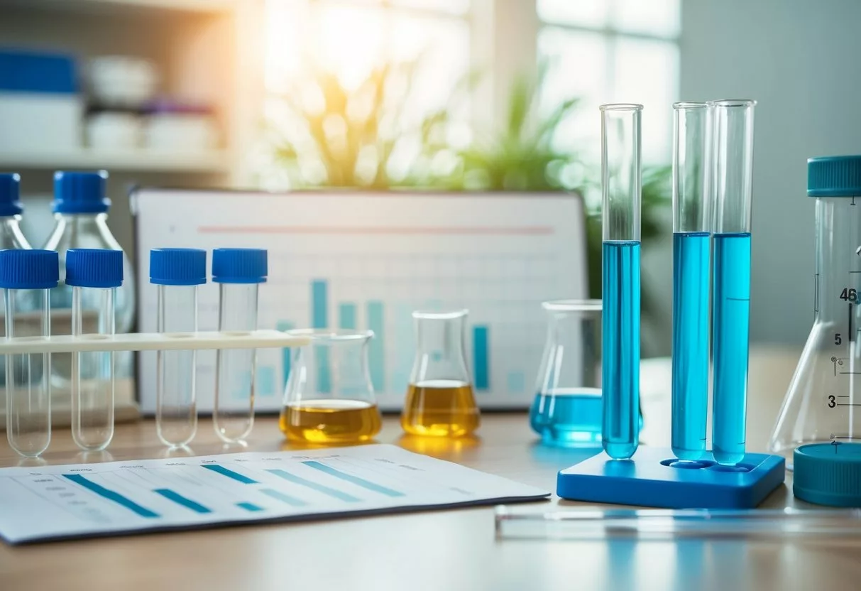 A laboratory setting with test tubes, beakers, and scientific equipment. A chart or graph showing hormone levels