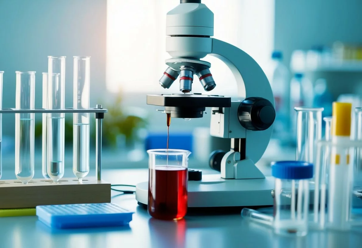 A laboratory setting with test tubes, beakers, and scientific equipment. A blood sample being analyzed under a microscope