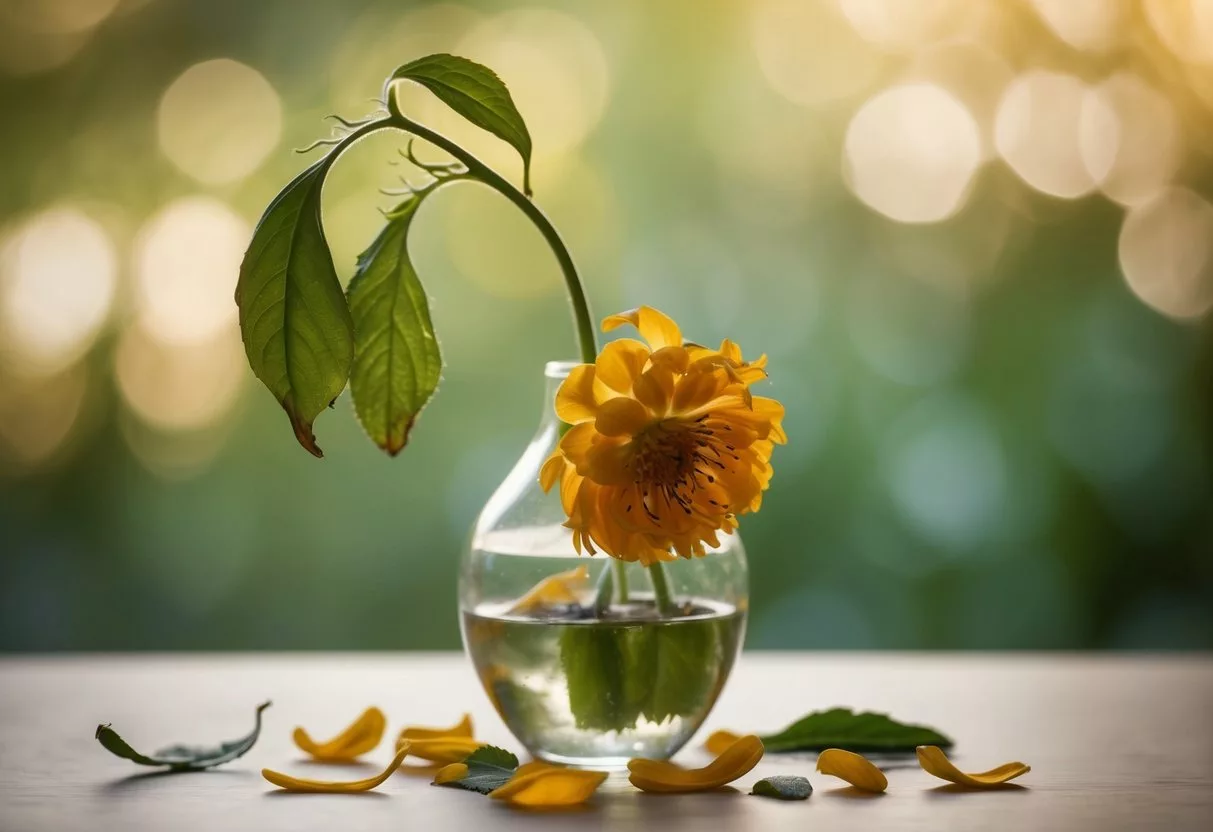 A wilted flower drooping in a vase, surrounded by fallen petals and leaves