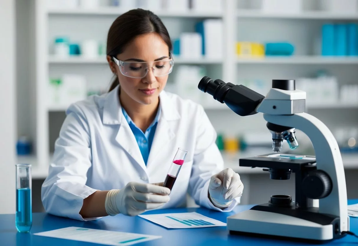 A laboratory technician analyzing a blood sample for estradiol levels using a test tube and a microscope