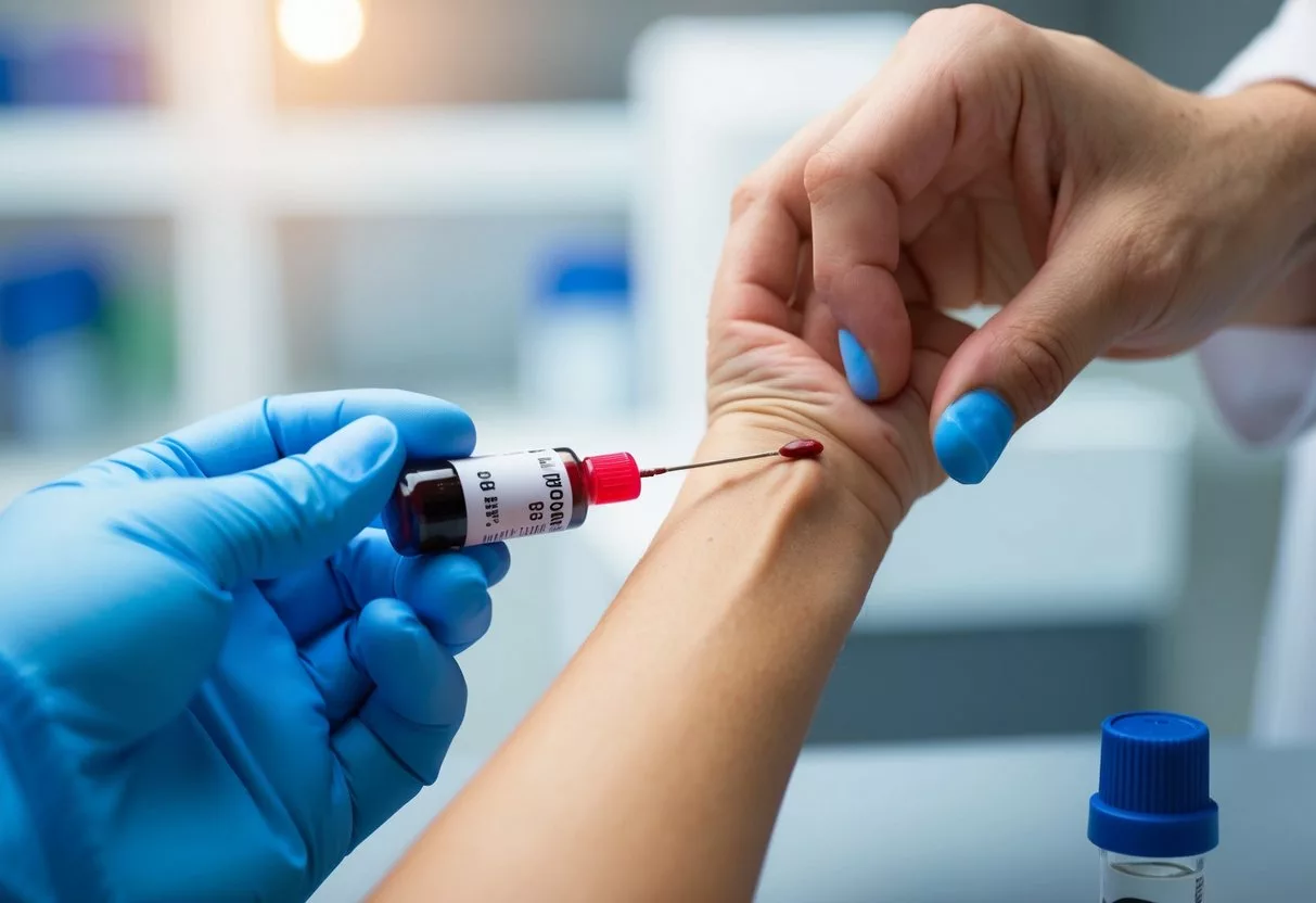 A vial of blood being drawn from a vein, with a laboratory technician labeling the sample for estradiol testing