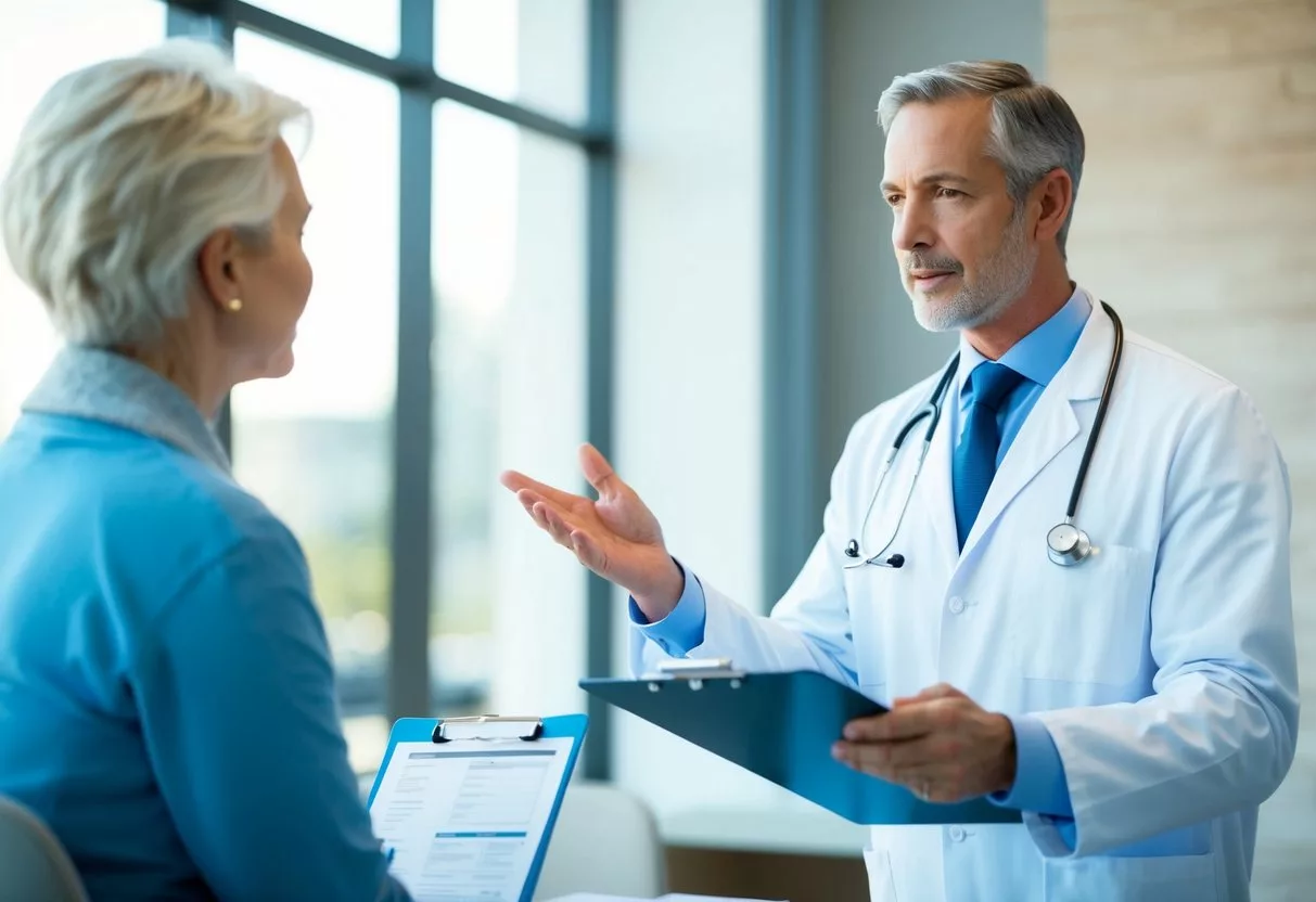 A doctor discussing treatment options with a patient in a medical office. The doctor is holding a clipboard and gesturing while the patient listens attentively