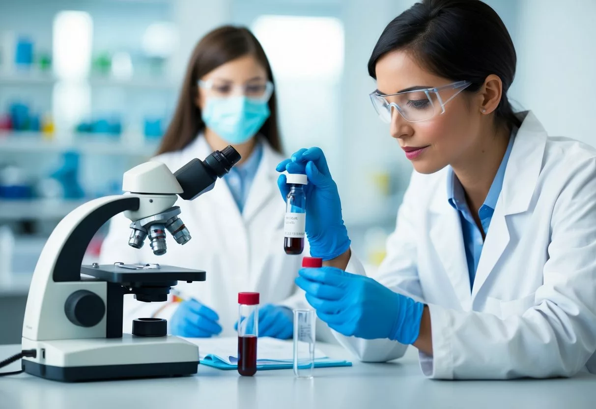 A laboratory technician analyzing a vial of blood, with a microscope and test tubes in the background