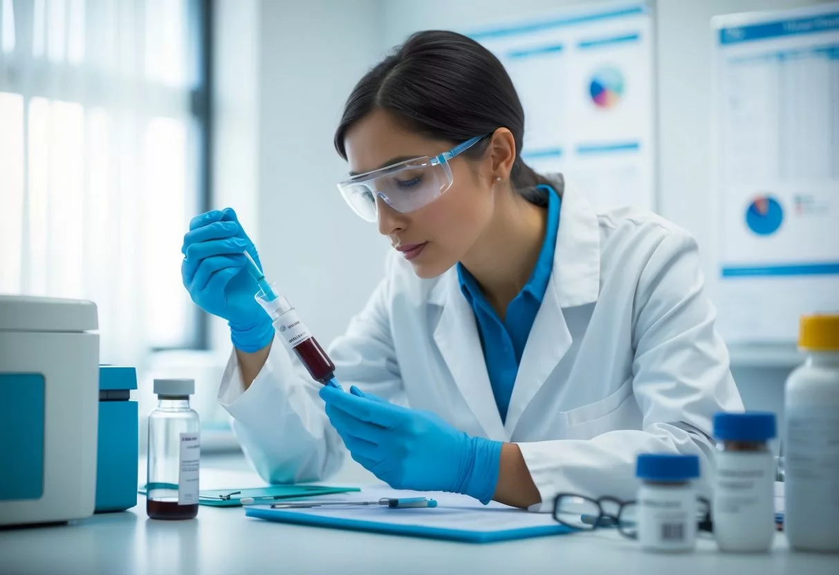 A laboratory technician carefully measures and analyzes a vial of blood, surrounded by medical equipment and charts