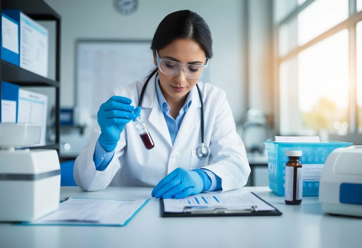 A laboratory technician analyzing a vial of blood, surrounded by medical equipment and charts