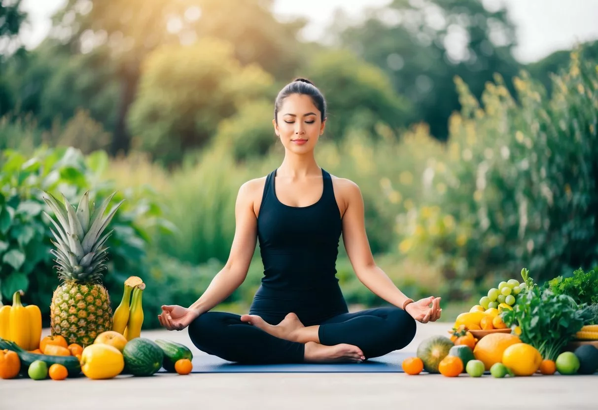 A person practicing yoga while surrounded by a variety of fresh fruits and vegetables, with a sense of peace and balance in the air