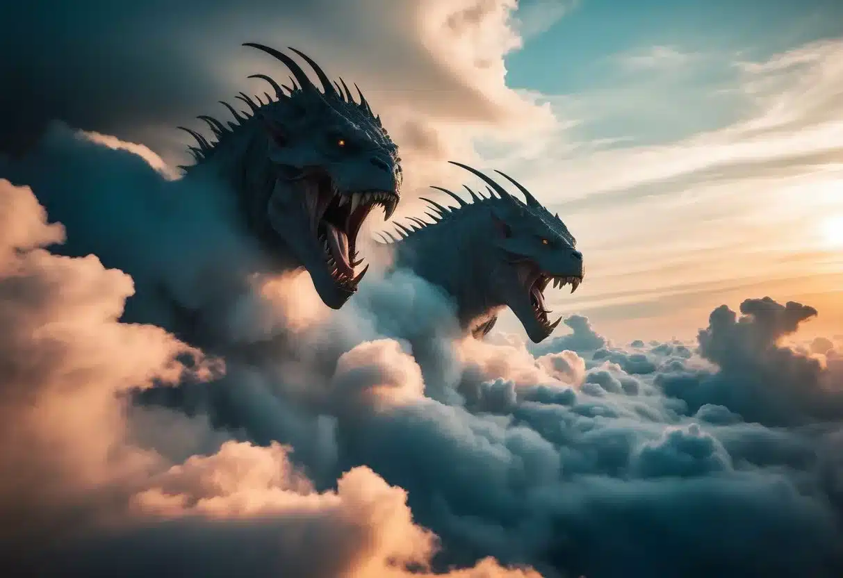 Two monstrous creatures emerge from swirling clouds, embodying chaos and power