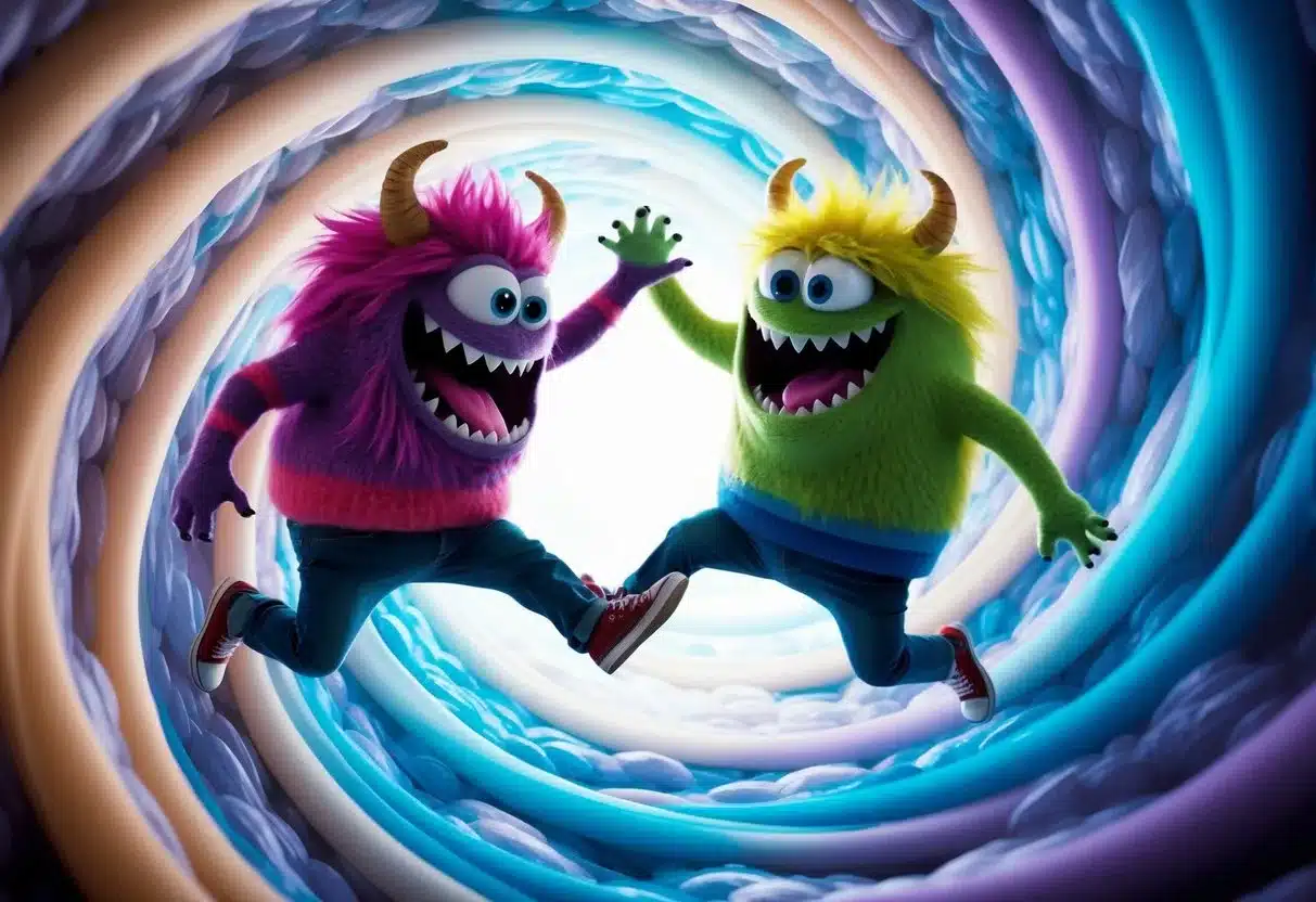 Two hormone monsters playfully chase each other through a colorful, swirling vortex of media platforms