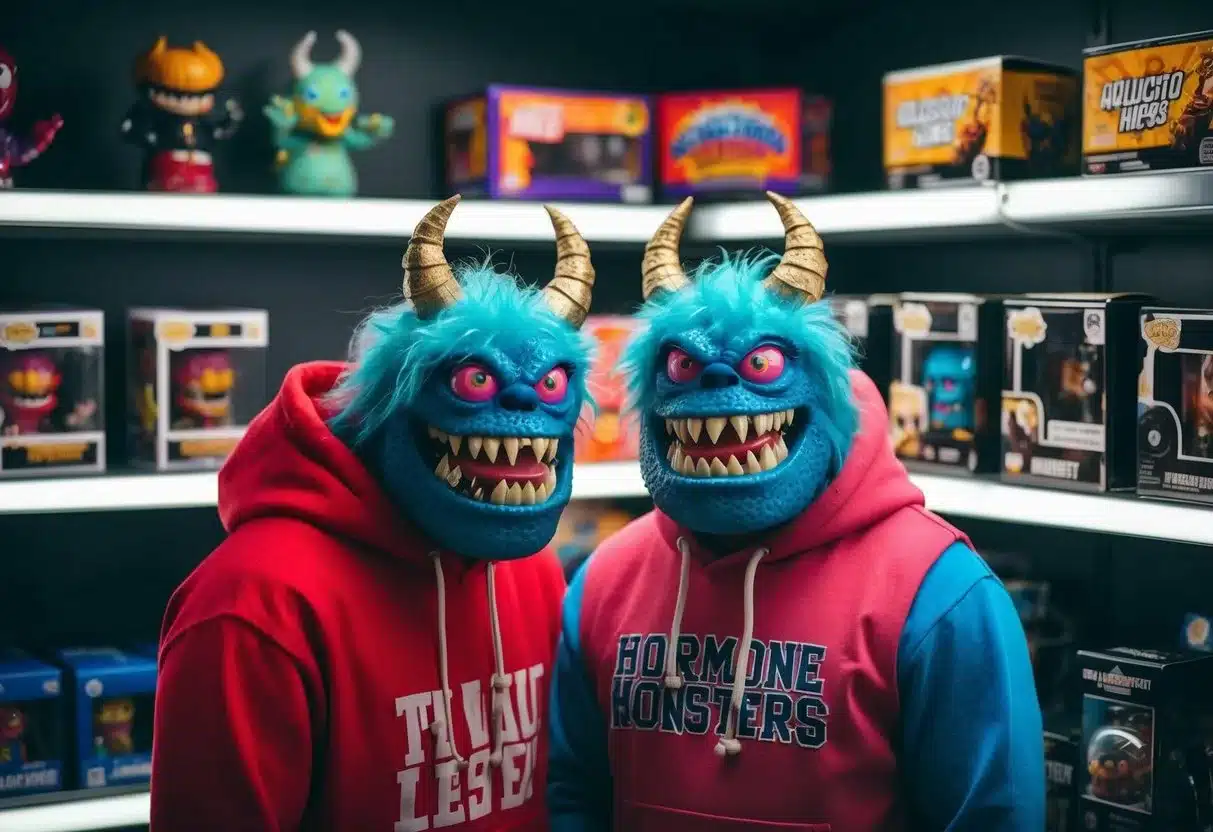 Two hormone monsters surrounded by shelves of collectible merchandise