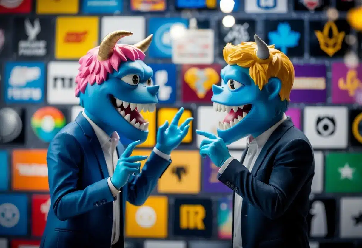 Two hormone monsters, one representing cultural impact and the other representing fandom, engaging in a lively conversation amidst a backdrop of diverse cultural symbols and fan memorabilia