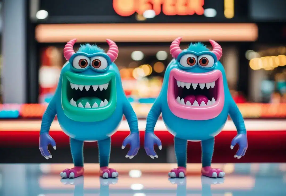 Two animated hormone monsters in a vibrant commercial setting