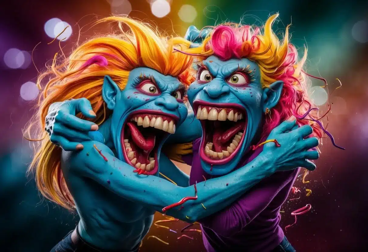 Two hormone monsters playfully tangle in a chaotic swirl of vibrant colors and exaggerated expressions, representing the inner turmoil and conflicting emotions of adolescence